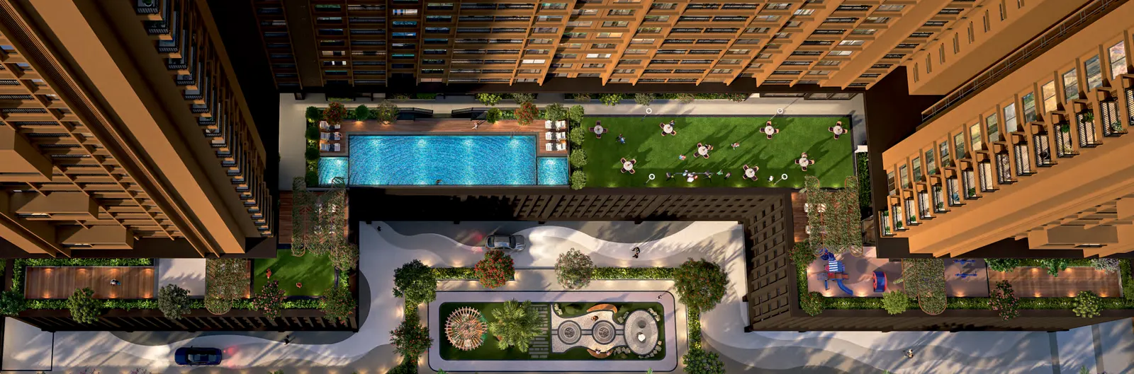 Podium pool, jacuzzi and gathering lawn