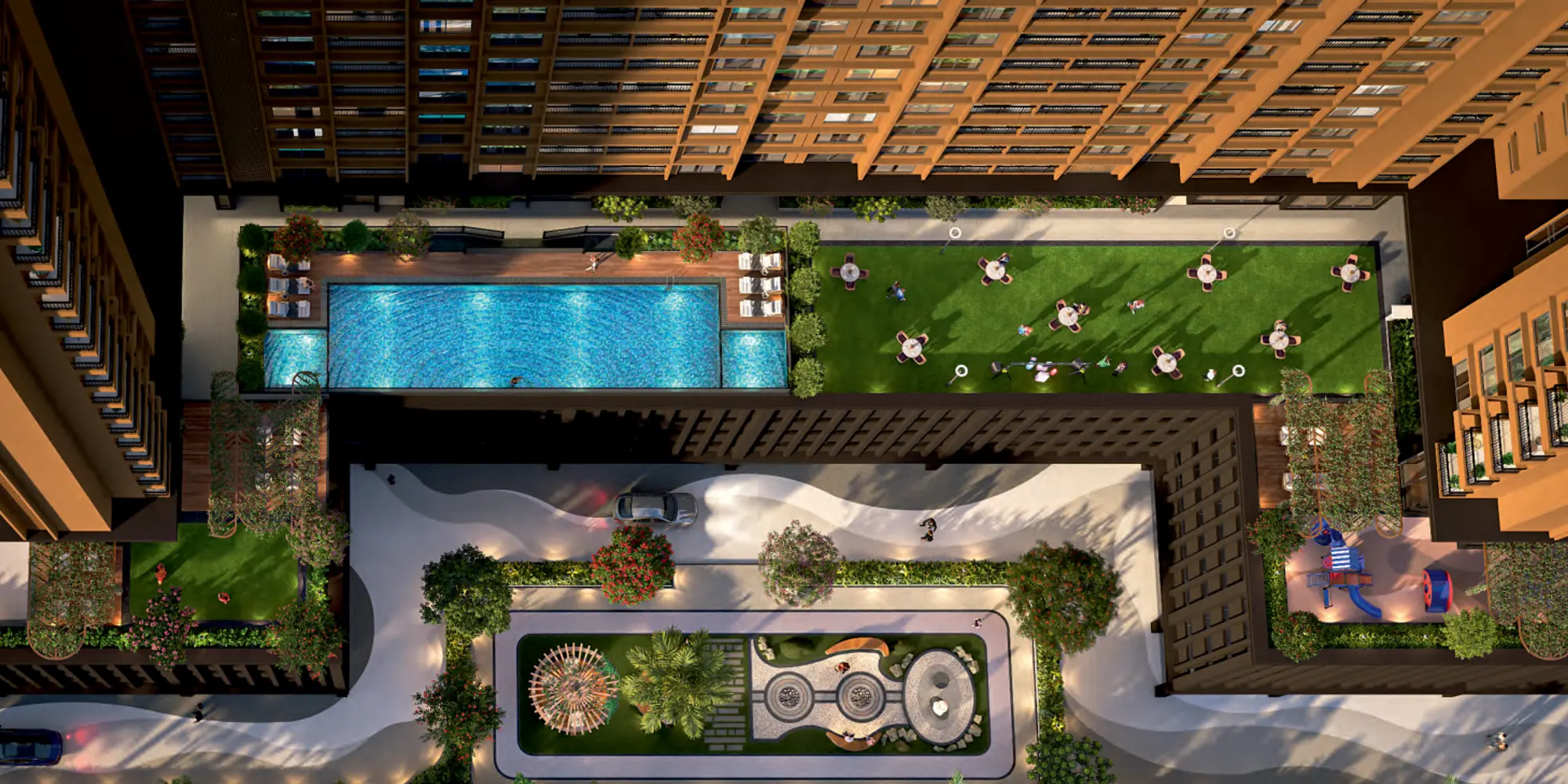 Podium amenities with pool and gathering lawn at Shankeshwar Kingsland Homes